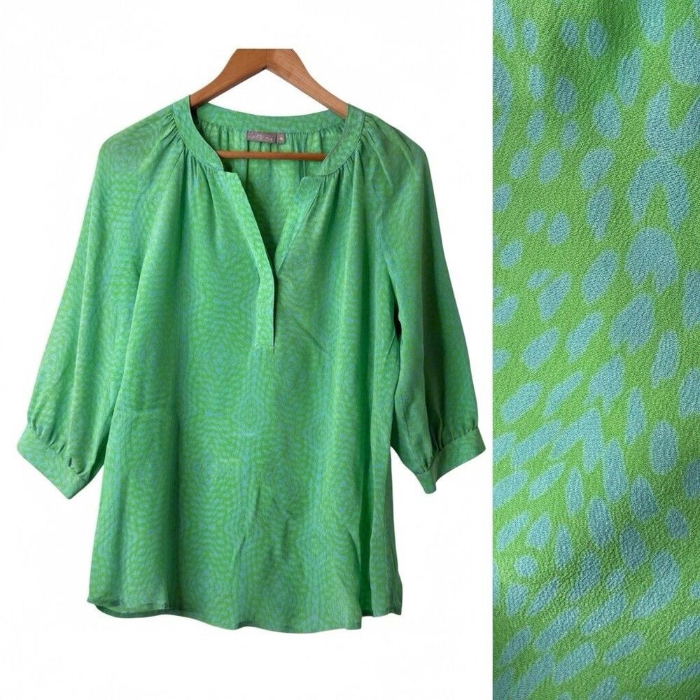 Ellie Kai 100% Silk Blouse 2 Green Printed Split V Neck 3/4 Sleeve Office Career